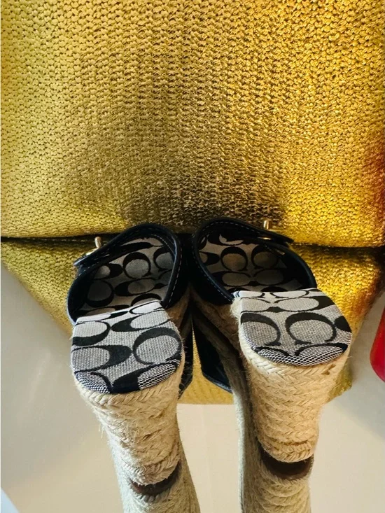 Coach Black Leather Wedge Sandals in Signature Print with Turn Lock Buckle - Picture 5 of 8